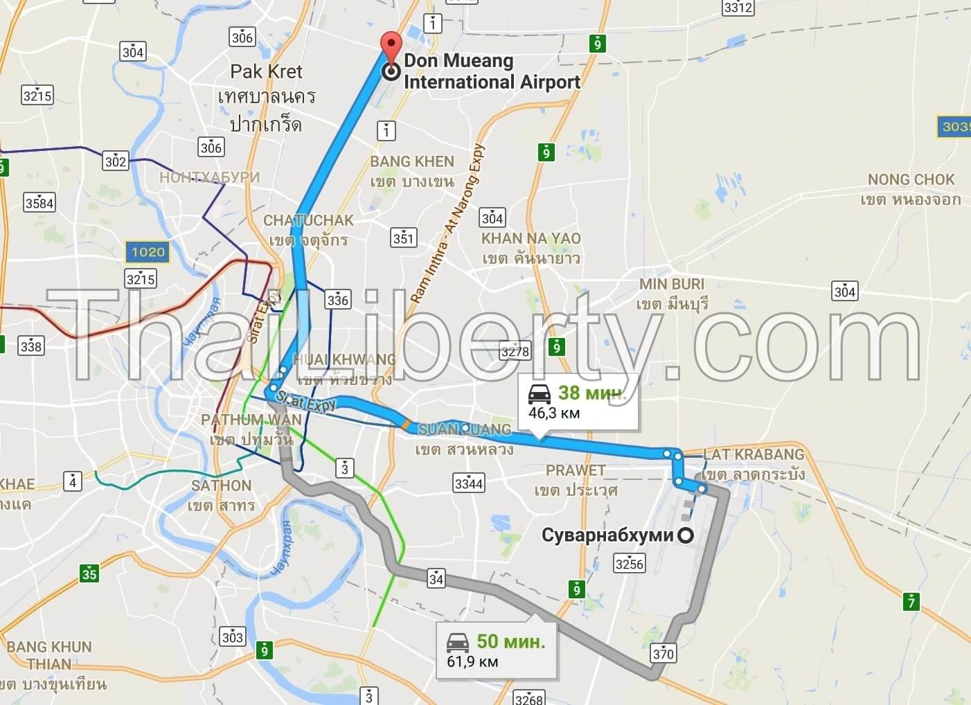 Route map Suvarnabhumi - Don Mueang